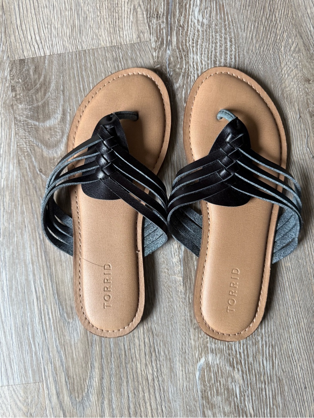 torrid Black Multi-Strap Toe-Loop Sandals with Tan Footbed